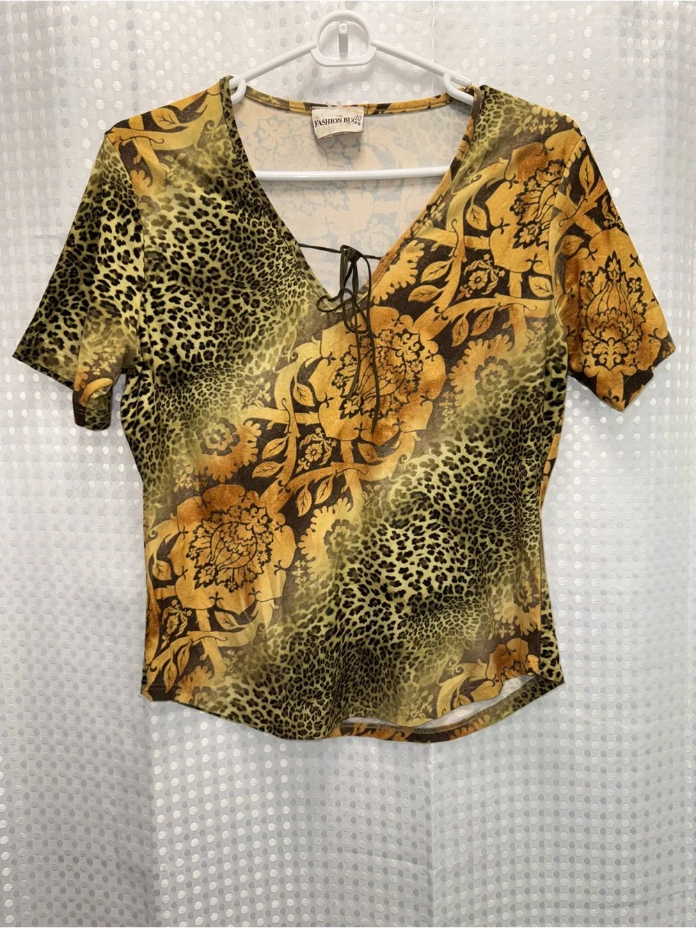 Fashion Bug Vintage Floral & Animal Cheetah Print Lace-Up Women's Blouse Mustard